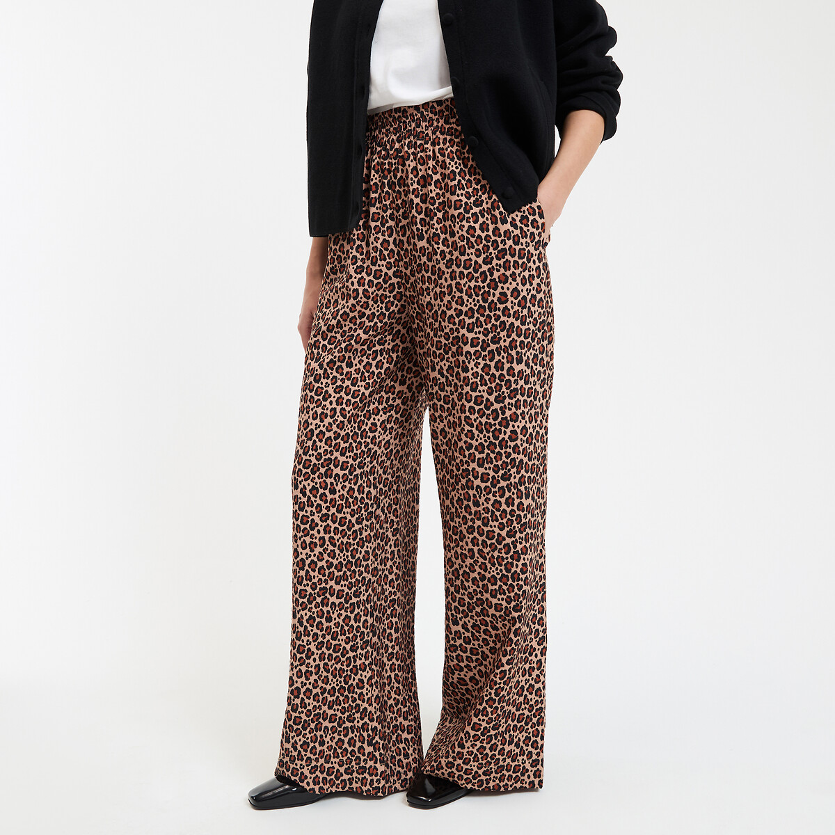 Pantalon large, taille haute, imprimé léopard