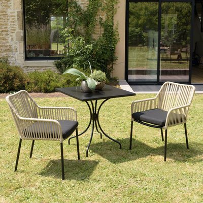 Salon de jardin 1 table carrée métal noir 70x70 cm - 2 fauteuils cordage couleur naturelle 1 coussin noir GIJON PIER IMPORT
