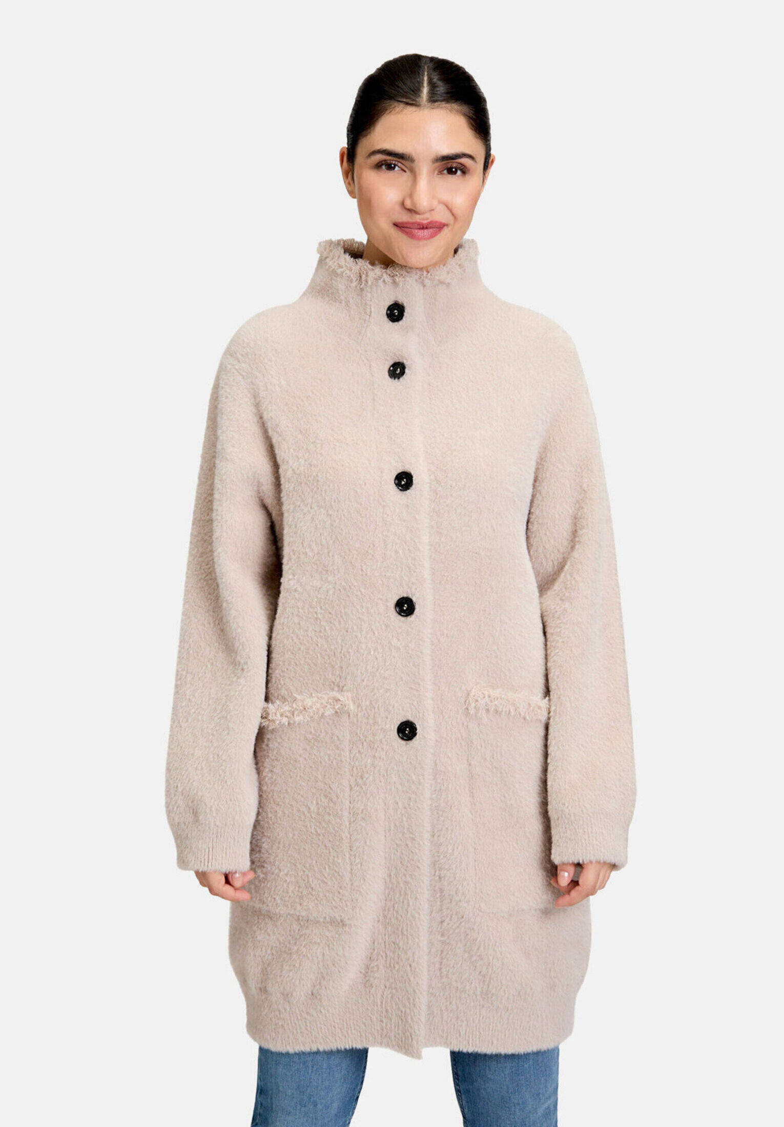 Cardigan en maille d'hiver à poche-poitrine plaquée, AMBER & JUNE