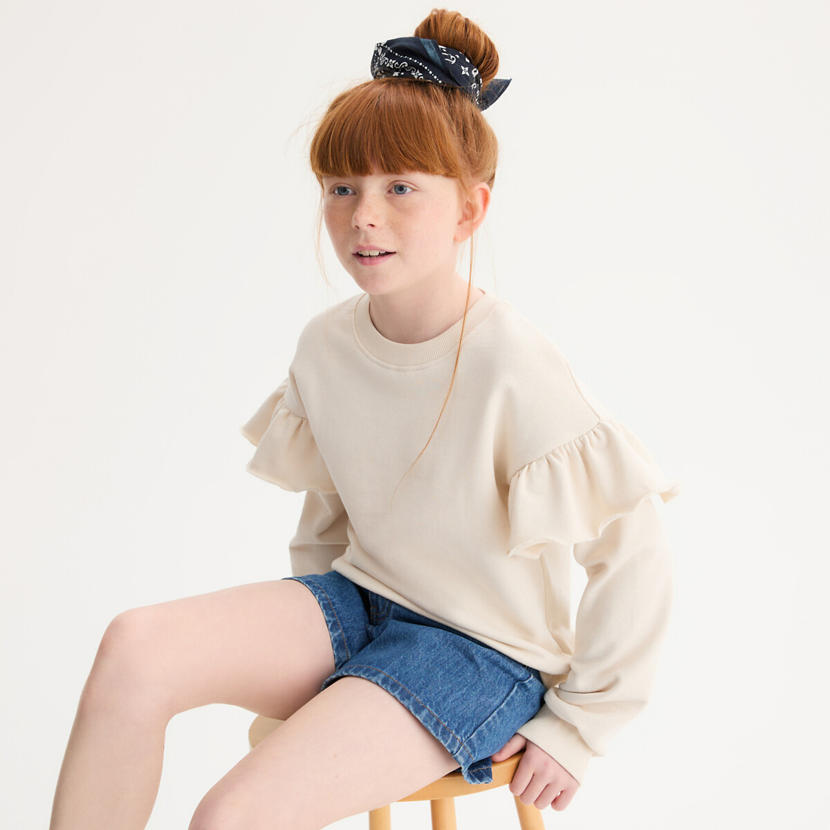 Sweater in molton met ronde hals en ruches