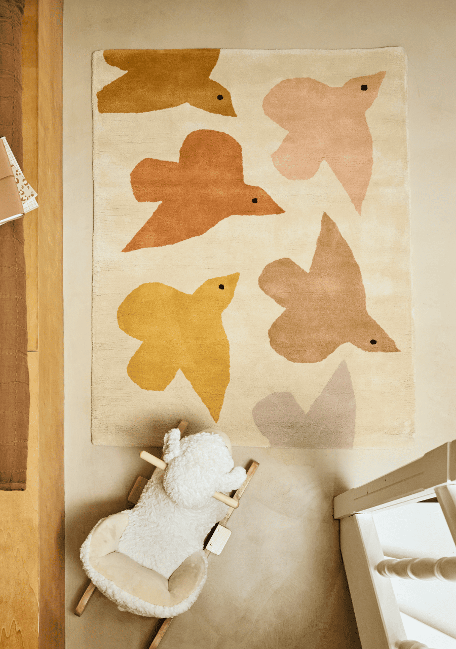 Tapis enfant rectangulaire épais, Coton bio GOTS, OISEAUX, BLEUU STUDIO