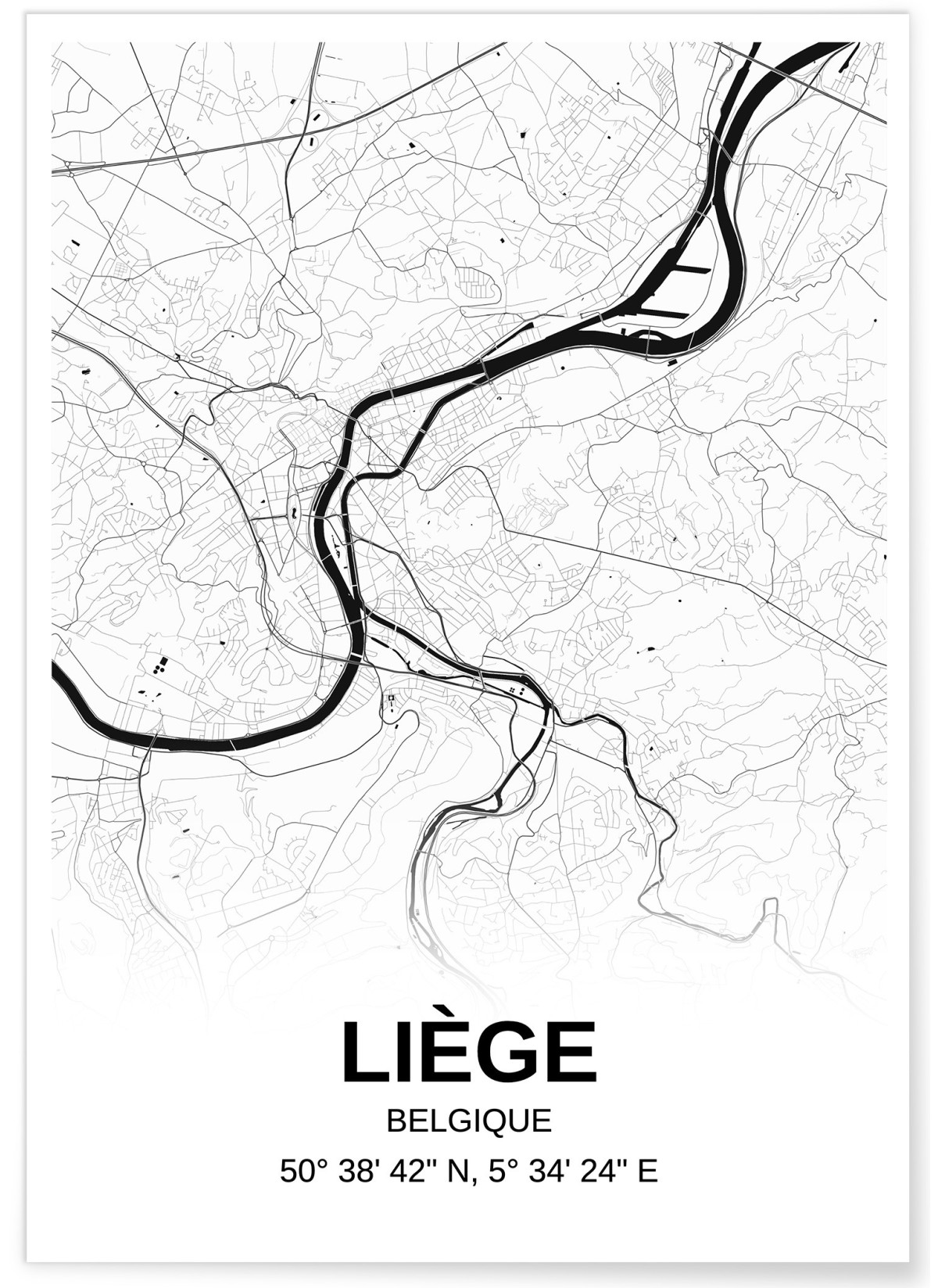 Affiche carte Liège - rectangle Noir et Blanc, L'AFFICHERIE