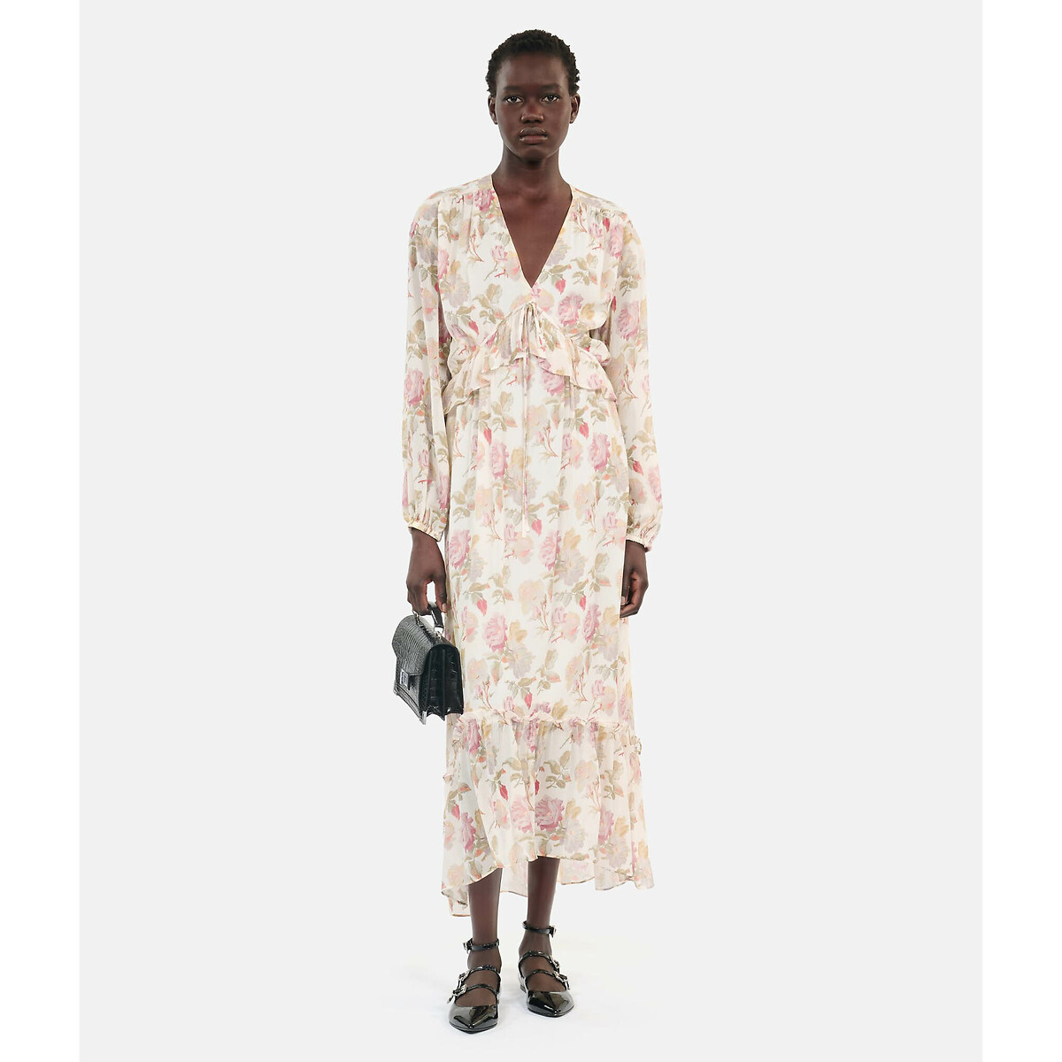 Floral Silk Maxi Dress with Ruffles and Long Sleeves, THE KOOPLES