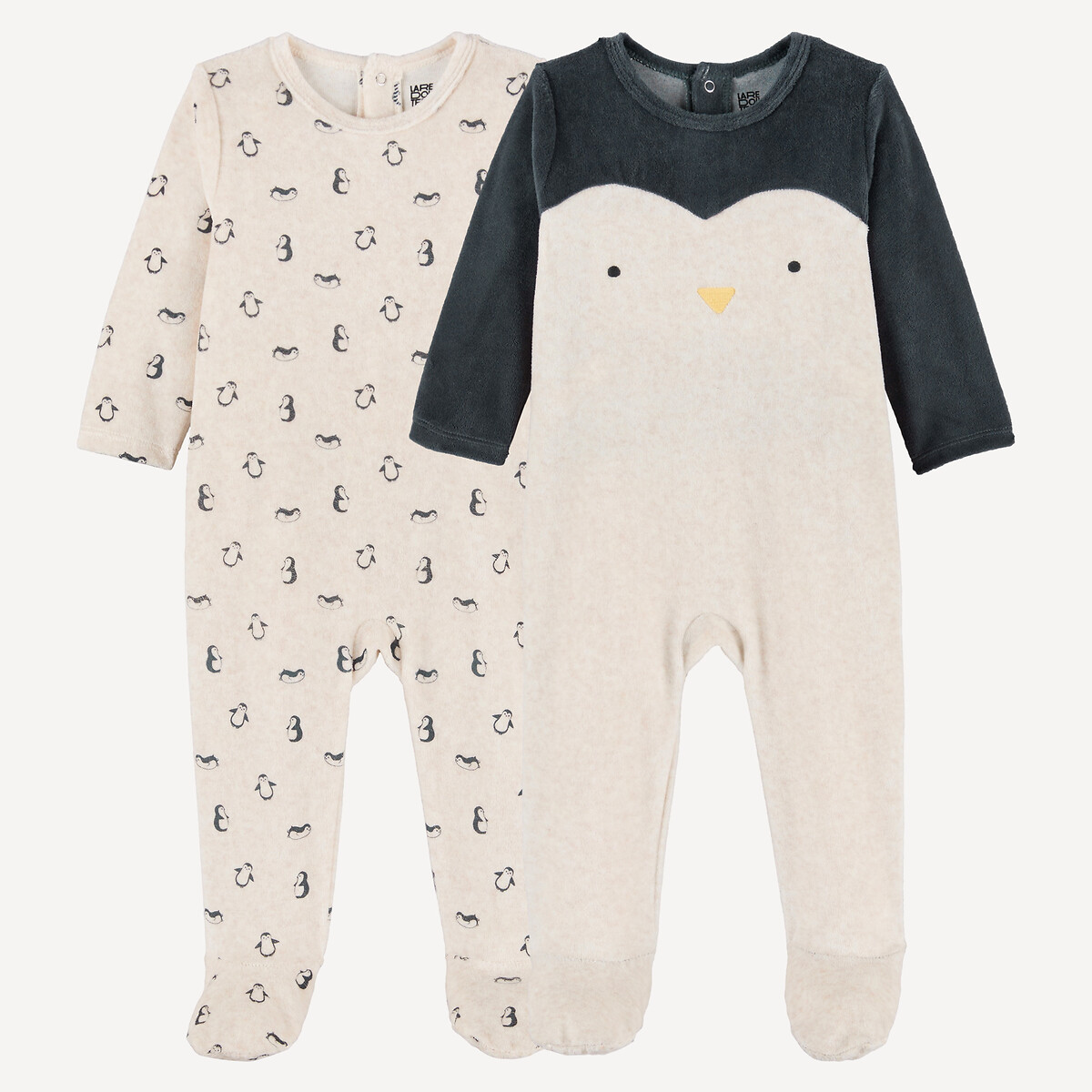Pack of 2 Penguin Print Velour Sleepsuits, LA REDOUTE COLLECTIONS