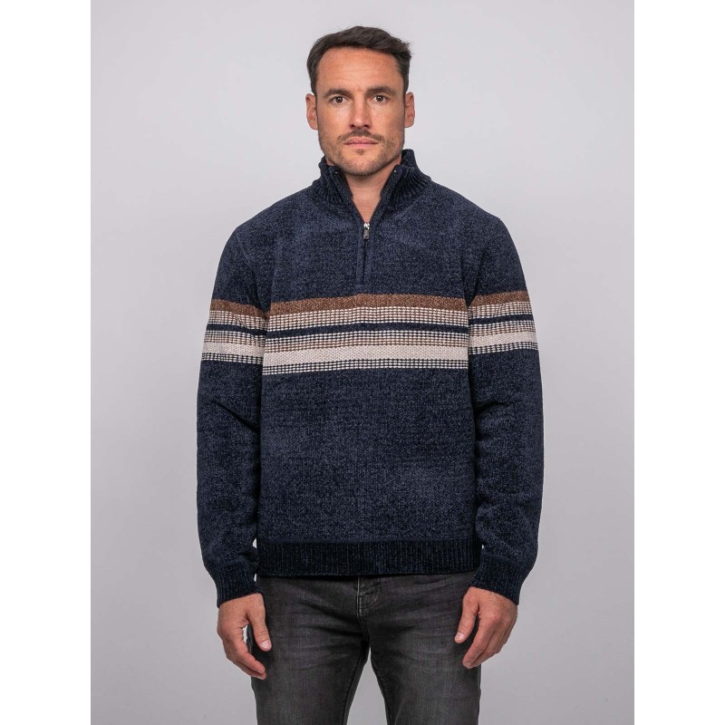 Pull Chenille Col Camionneur Zippé Rayures Latoria, RITCHIE