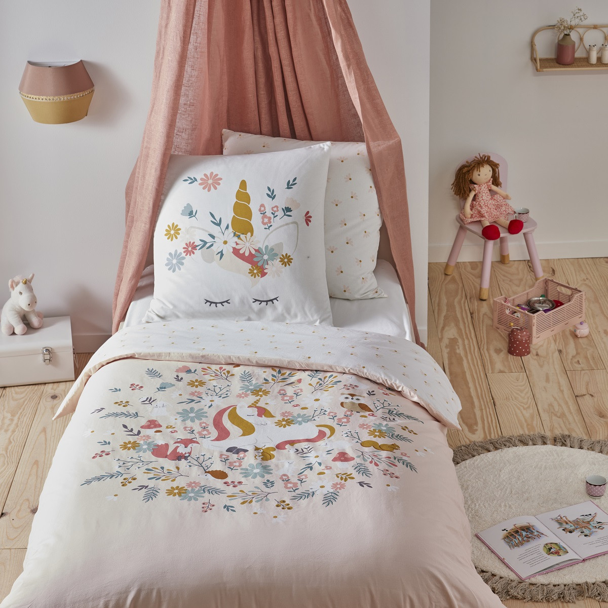 Parure de lit enfant en coton imprimé rose Licorne STELLA, FUTURE HOME