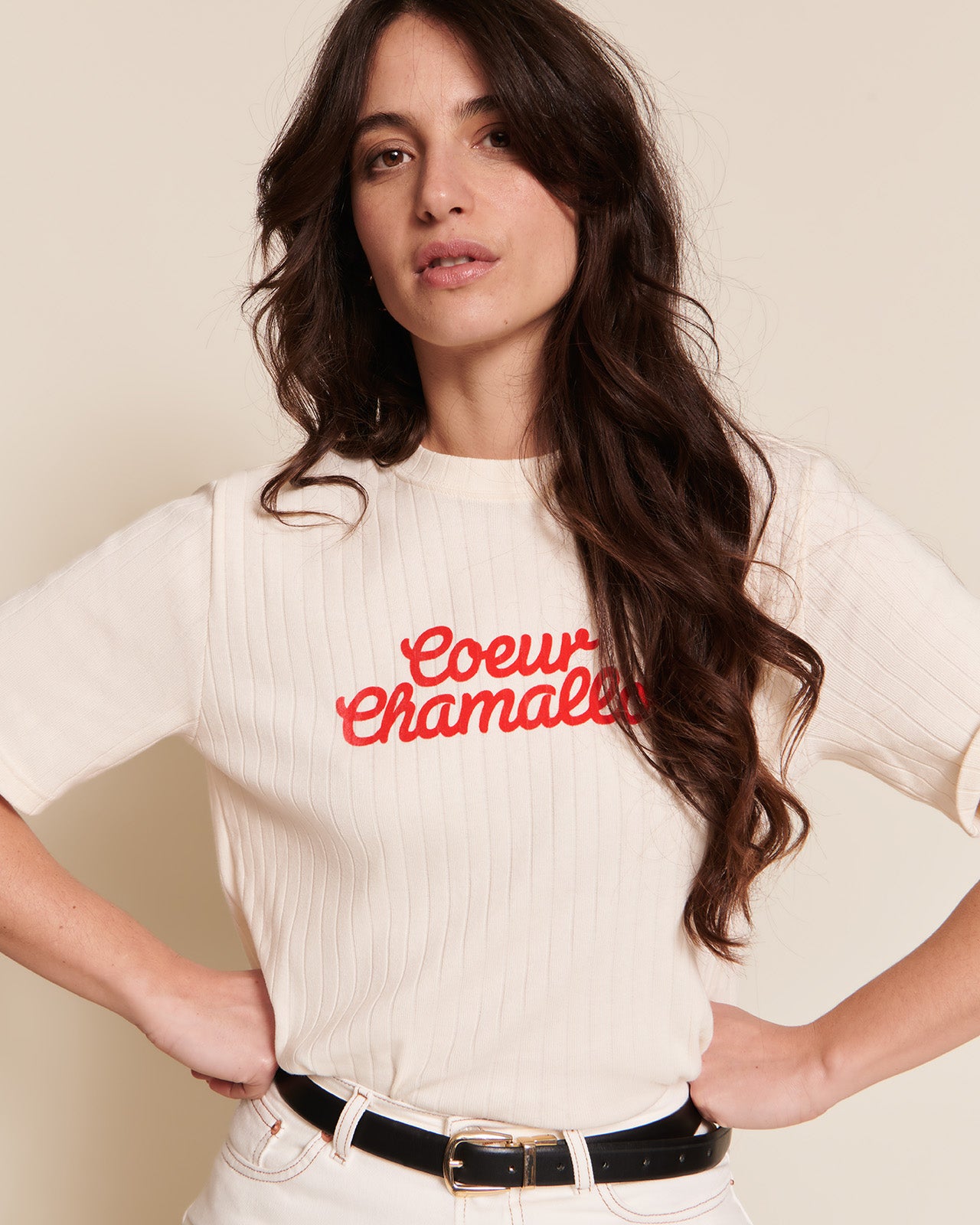 T-shirt imprimé velours en coton bio, CŒUR CHAMALLOW, EMOI EMOI
