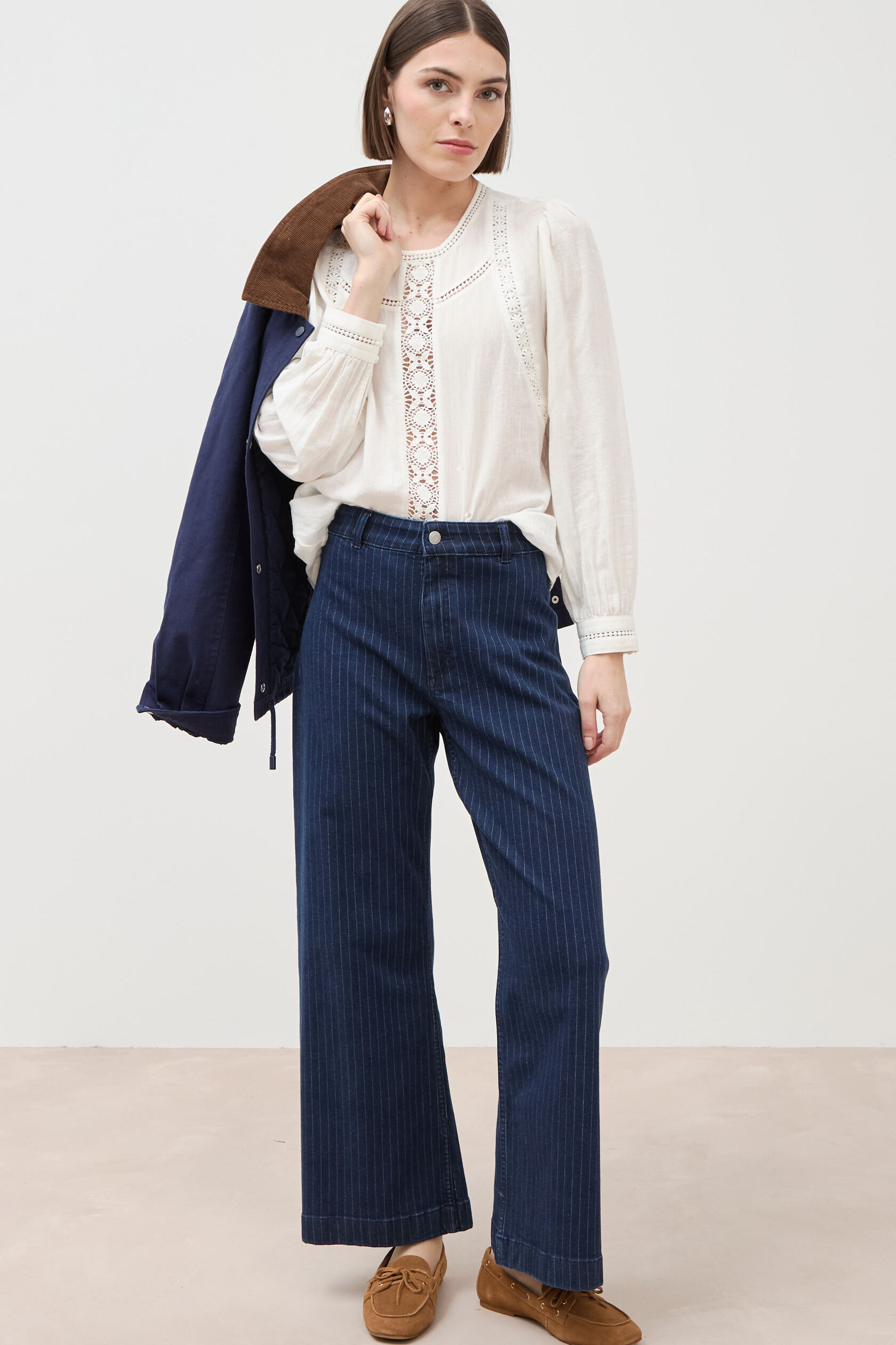 Jeans large cropped taille haute rayé, BONOBO