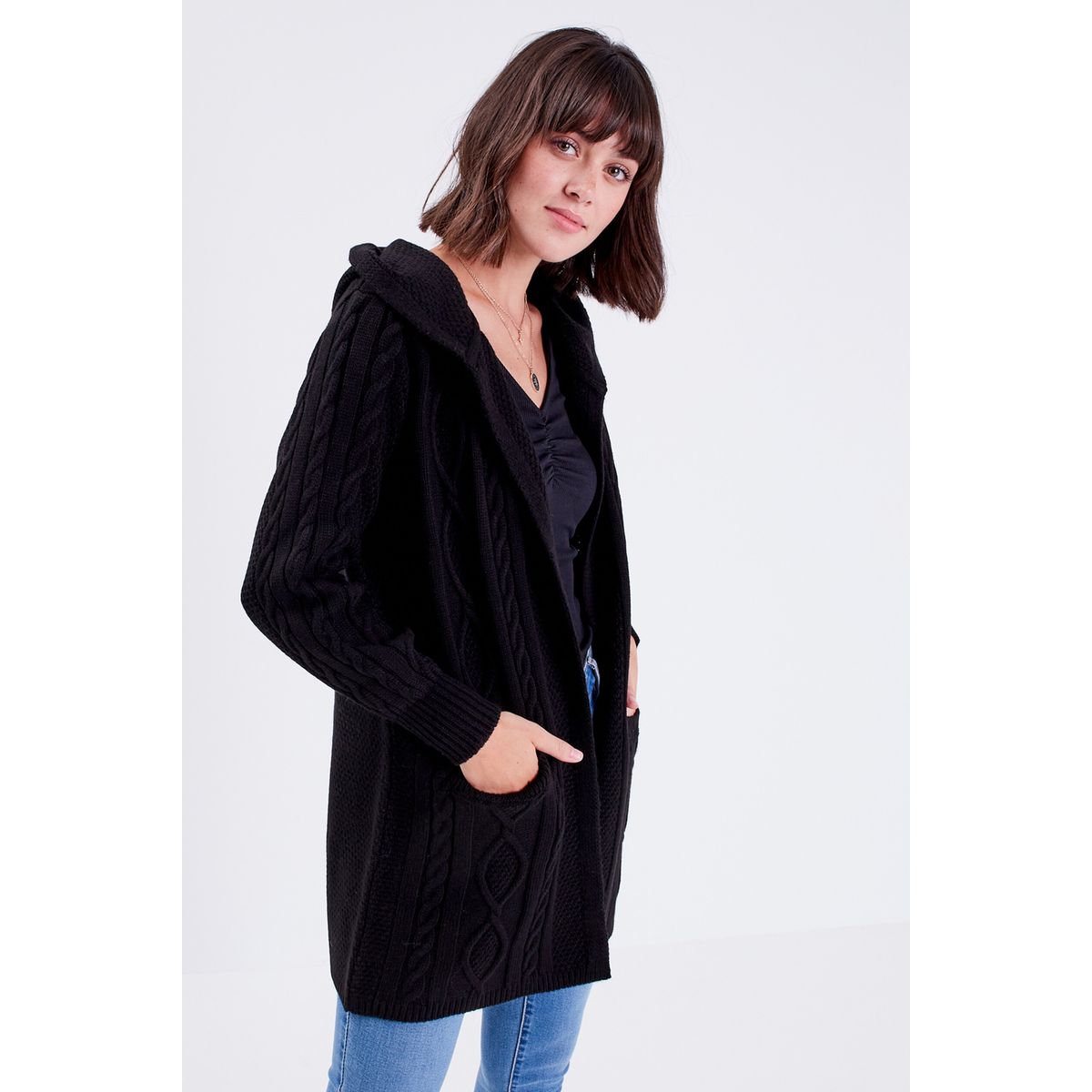 Gilet long noir online grosse maille