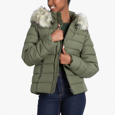 Short Hooded Padded Jacket with Faux Fur Trim ONLY