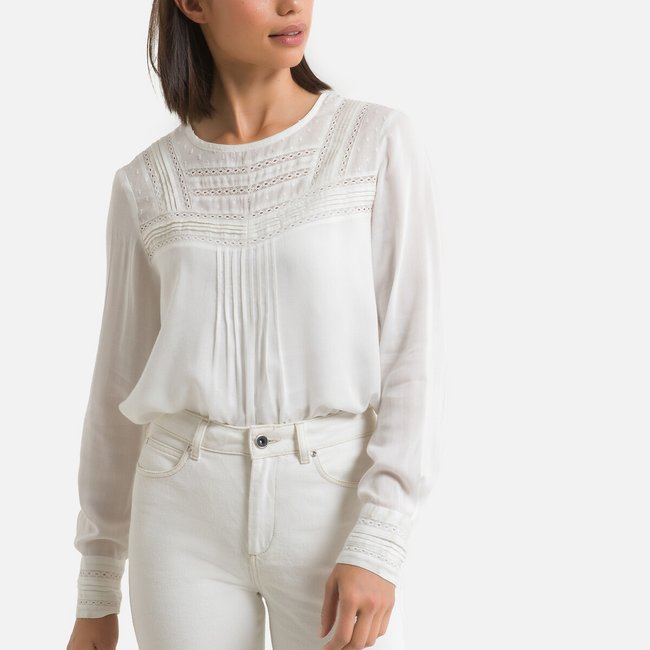 Lace Detail Blouse with Crew Neck, off-white, ANNE WEYBURN