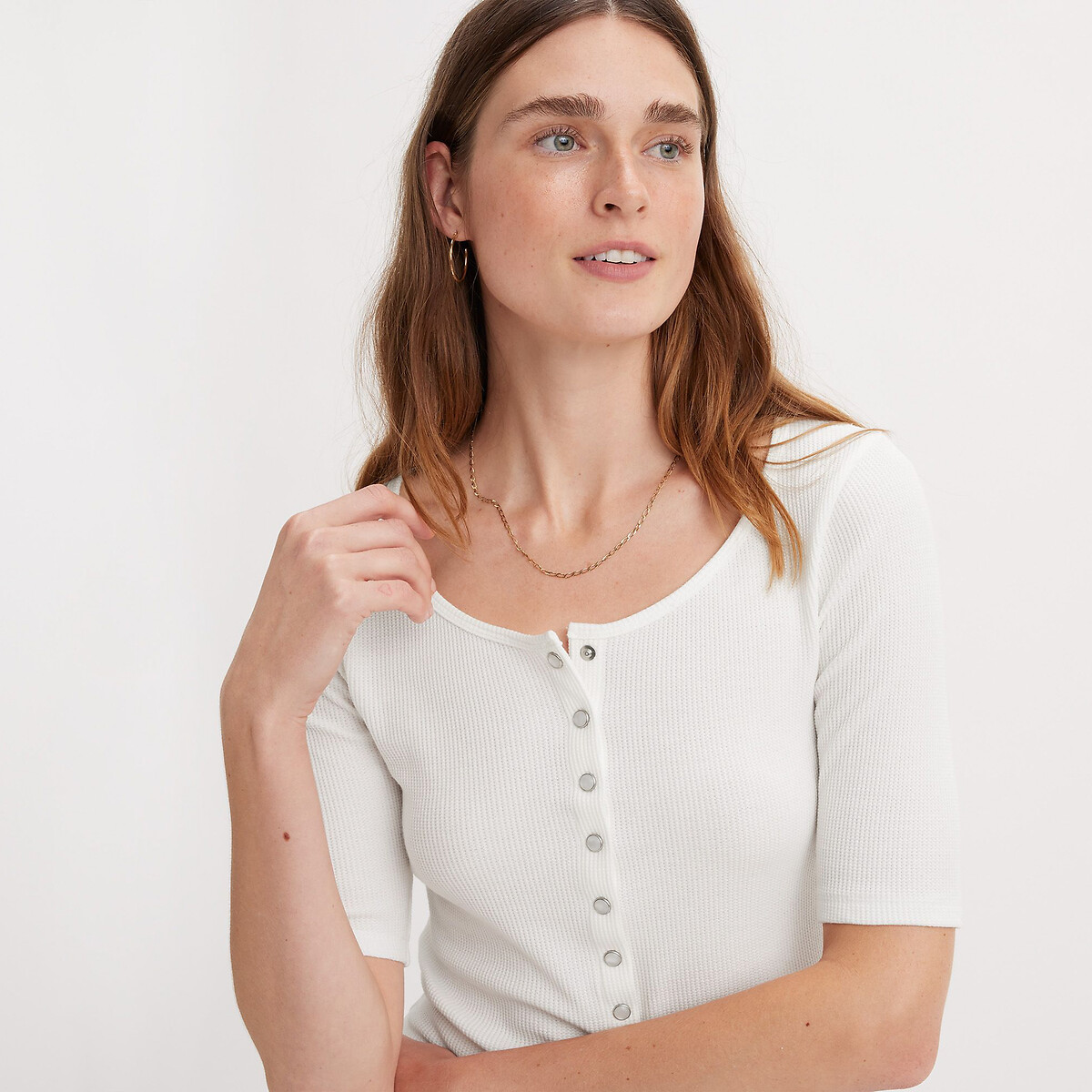 Cotton Mix Buttoned T-Shirt with 3/4 Length Sleeves