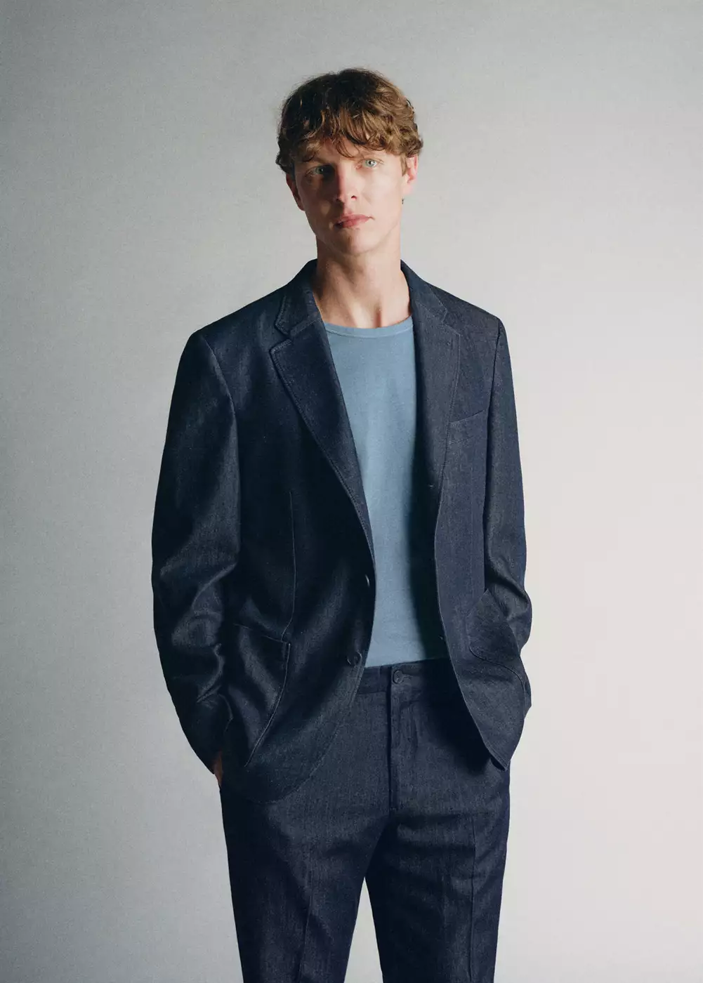 Blazer de costume en denim de coton italien, MANGO MAN