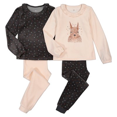 Pack of 2 Pyjamas in Velour with Squirrel Print and Ruffled Collar LA REDOUTE COLLECTIONS
