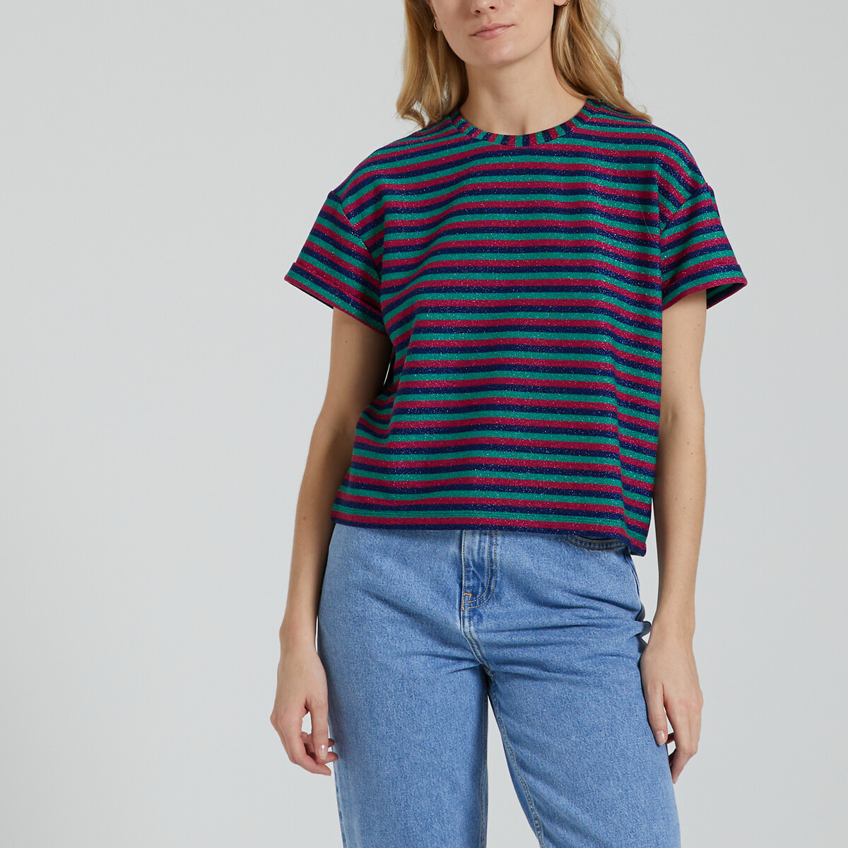 Recycled Striped T-Shirt with Crew Neck and Short Sleeves