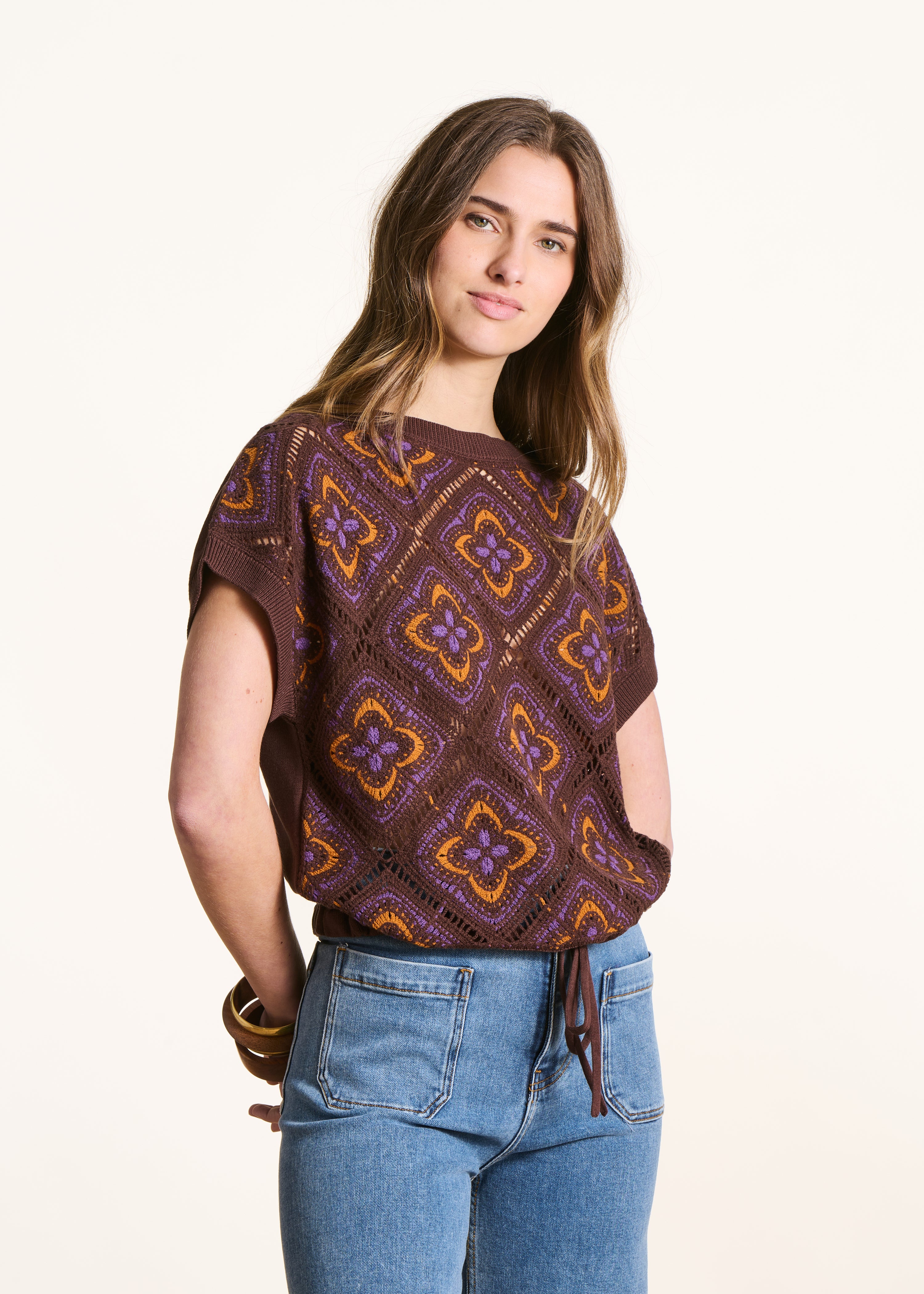 Pull manches courtes en maille crochet, LA FEE MARABOUTEE