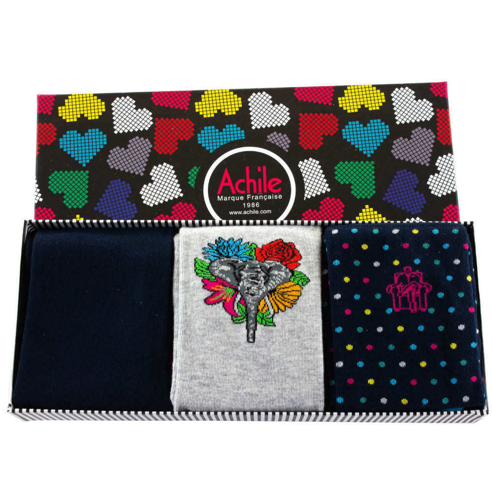 Coffret cadeau de 3 mi-chaussettes Homme en coton fantaisie., ACHILE