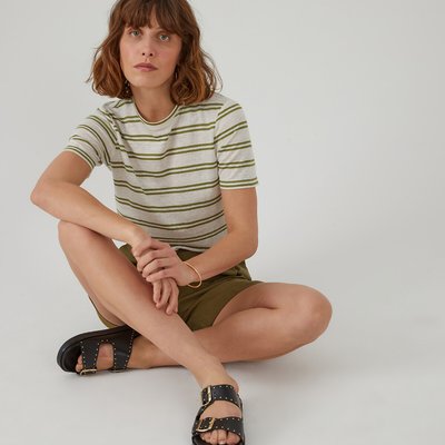 Striped Linen T-Shirt with Crew Neck LA REDOUTE COLLECTIONS