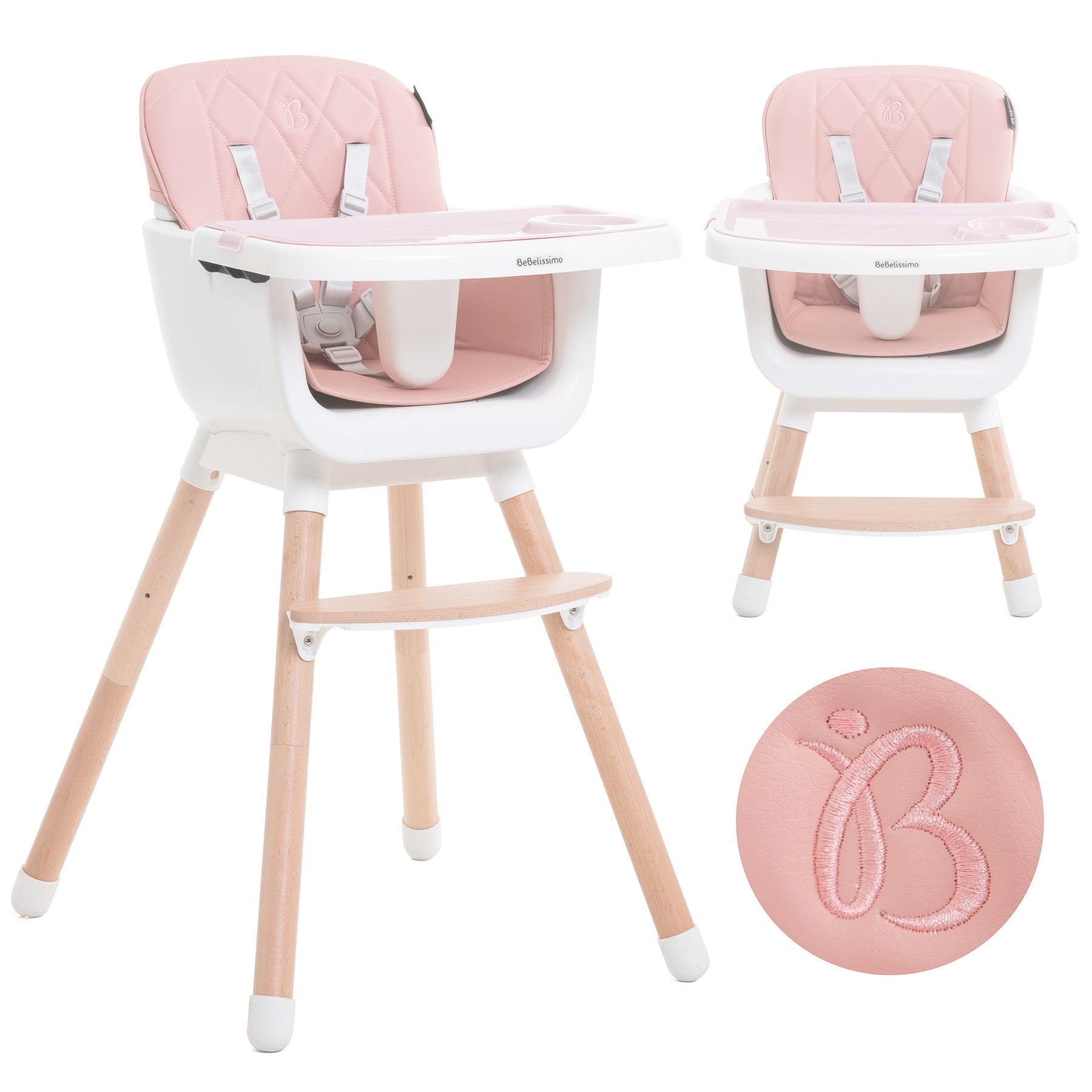 Chaise Haute bébé - Évolutive - Réglable - en Bois - 2 en 1 – 6 mois jusqu’à 5 ans- rose, BEBELISSIMO J'AIME