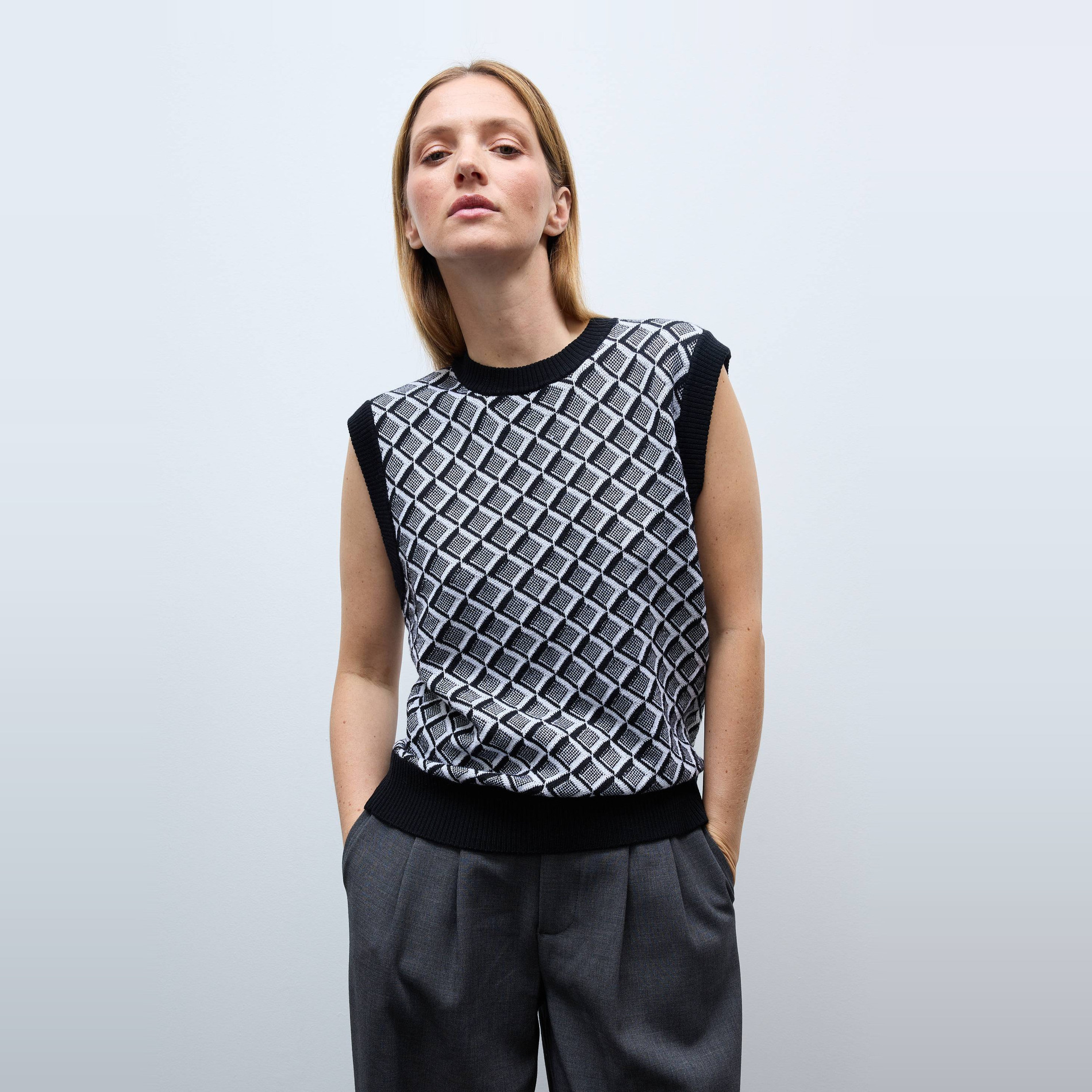 Pull sans manches à motifs, contenant de la Laine Mérinos, MONOPRIX