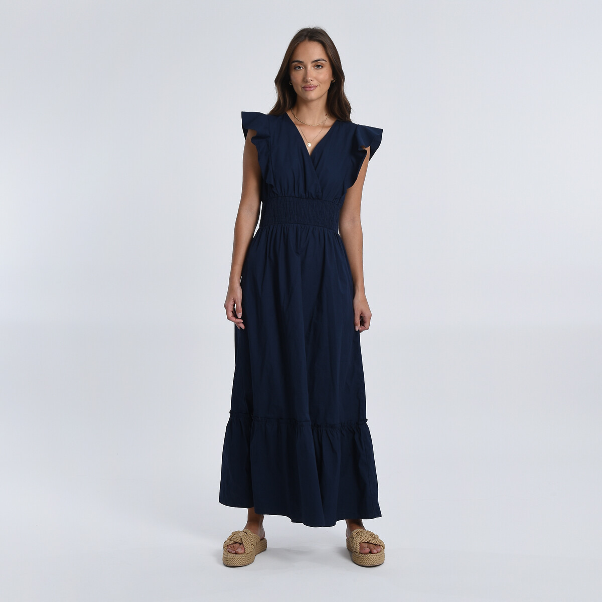 tiered cotton maxi dress with ruffles and short sleeves