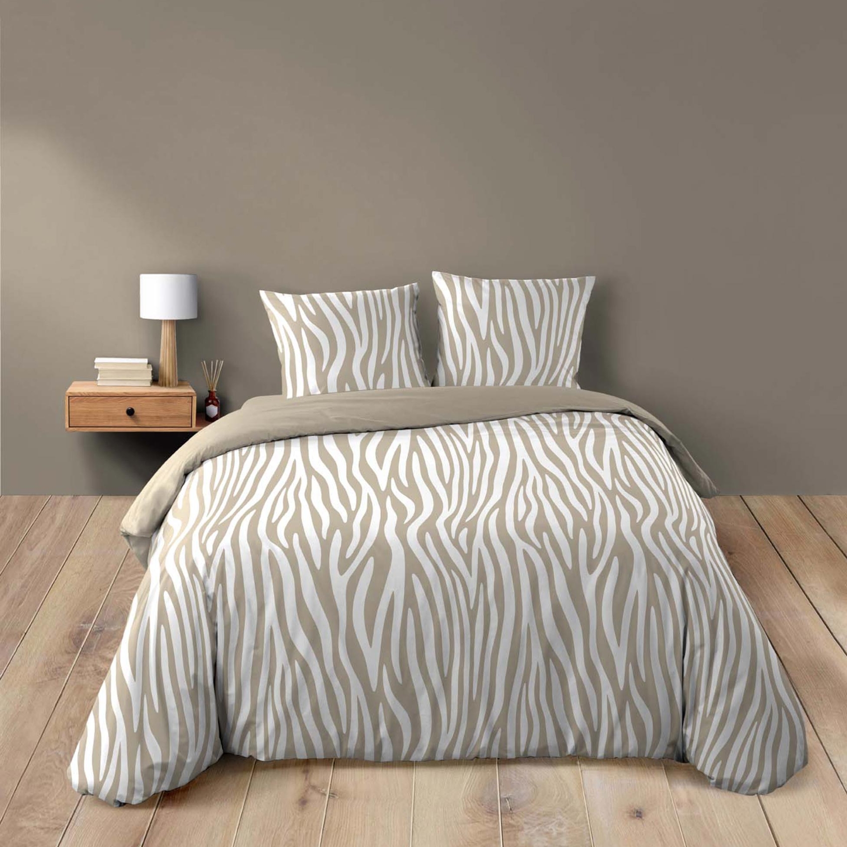 Parure de lit 3 pièces 100 % coton imprimé zèbre housse + taies, DOUCEUR D'INTÉRIEUR