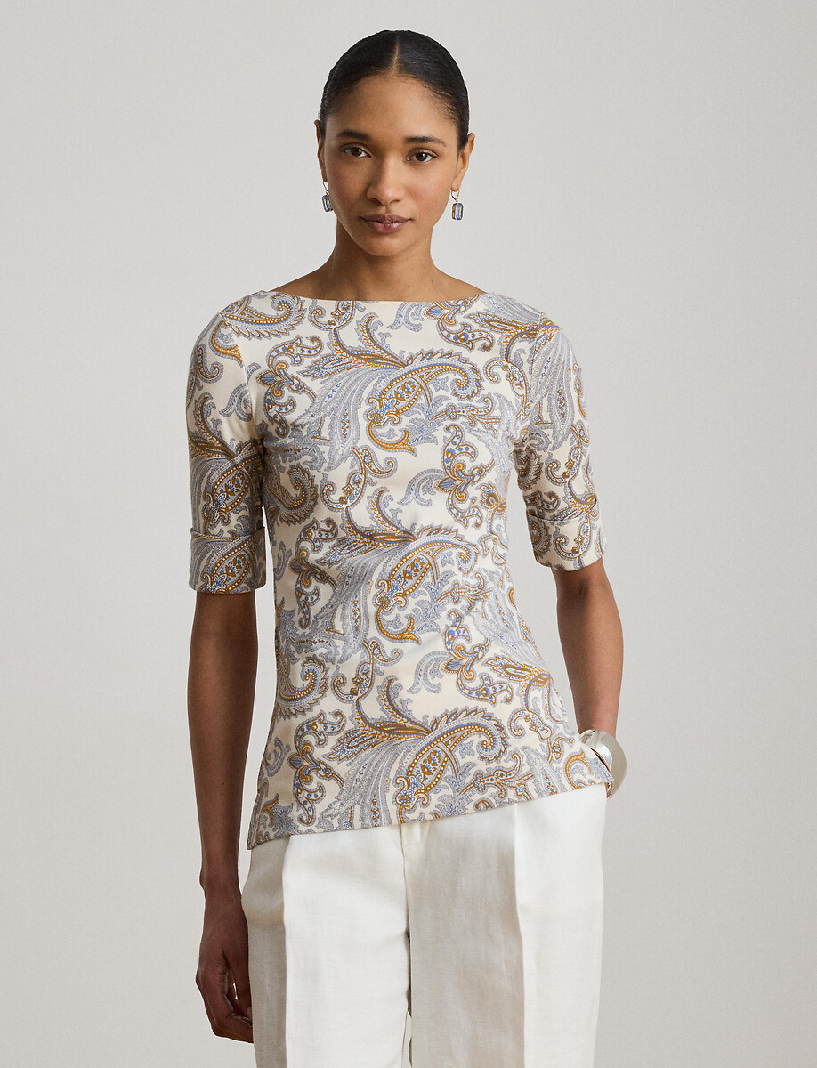 Maglietta a maniche corte con scollo a barchetta e stampa cachemire, LAUREN RALPH LAUREN