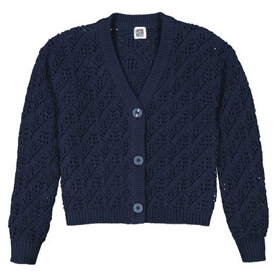 Cotton Mix Cardigan in Fine Openwork Knit with V-Neck LA REDOUTE COLLECTIONS