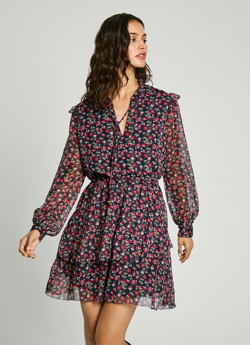 Jurk met lange mouwen in voile OLIVE