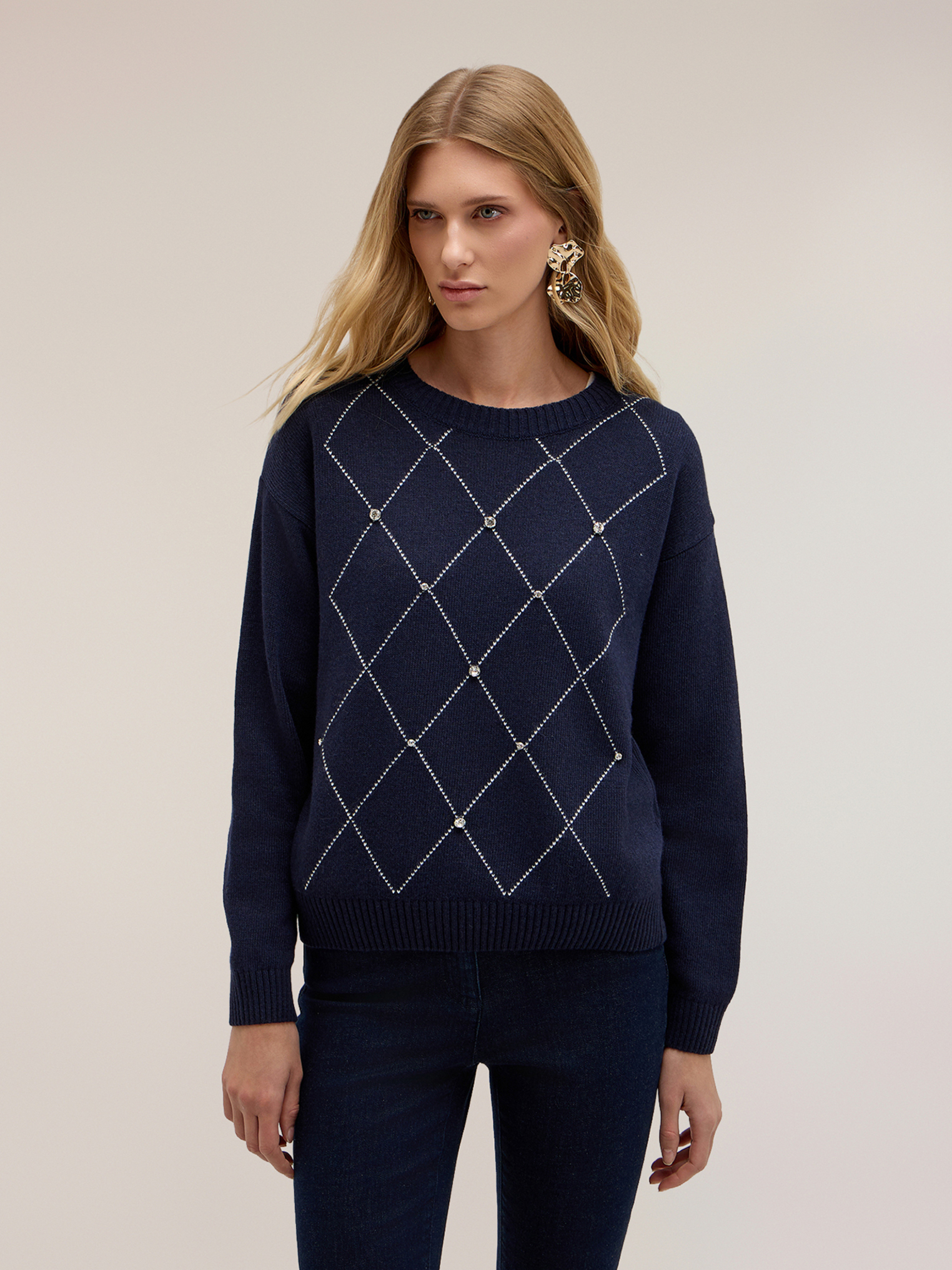 Pull en maille à losanges avec strass, MOTIVI