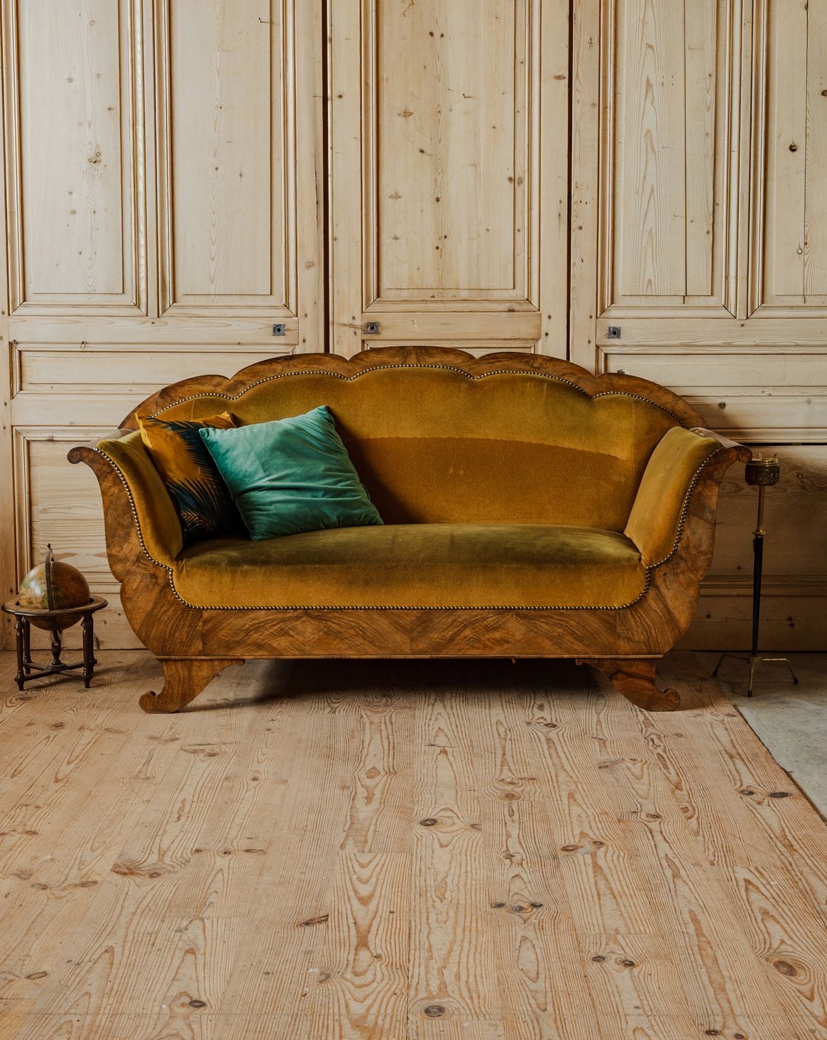 Banquette en bois et velours Martine N°50 - Bon état, DEBONGOUT