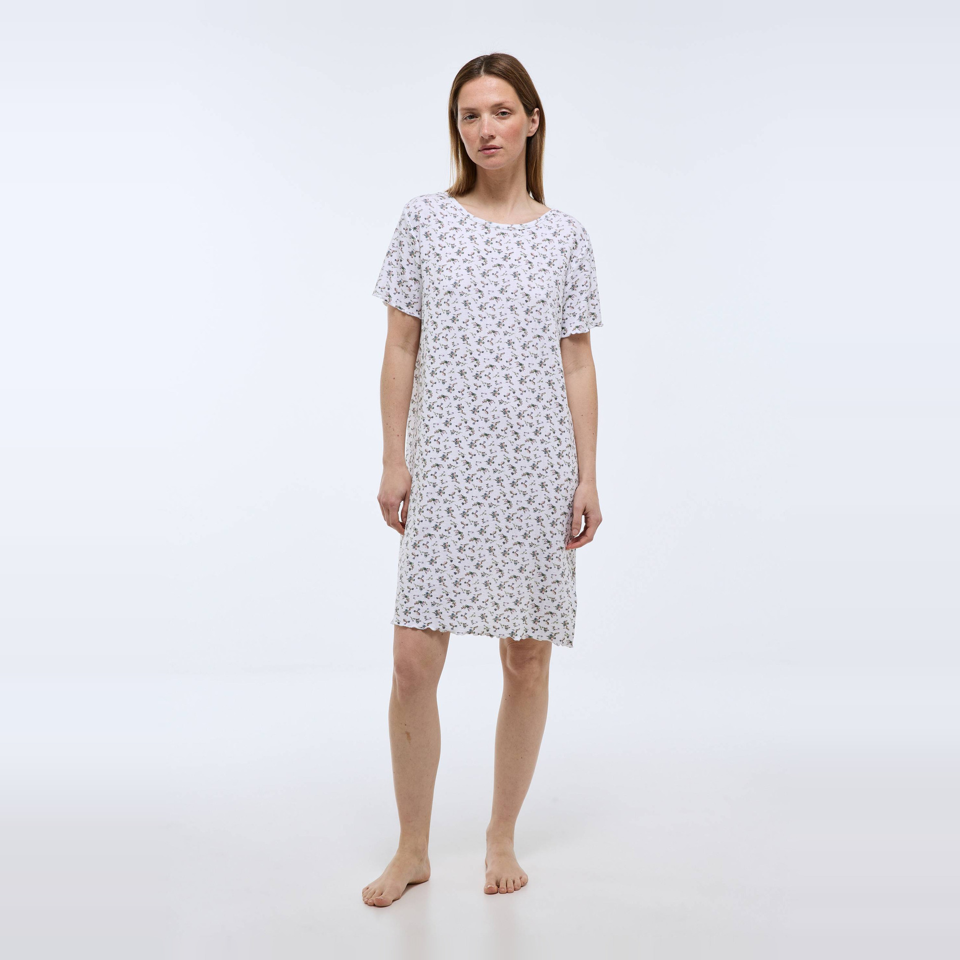 Chemise de nuit en pointelle imprimée à finitions ruffle en modal et coton, MONOPRIX