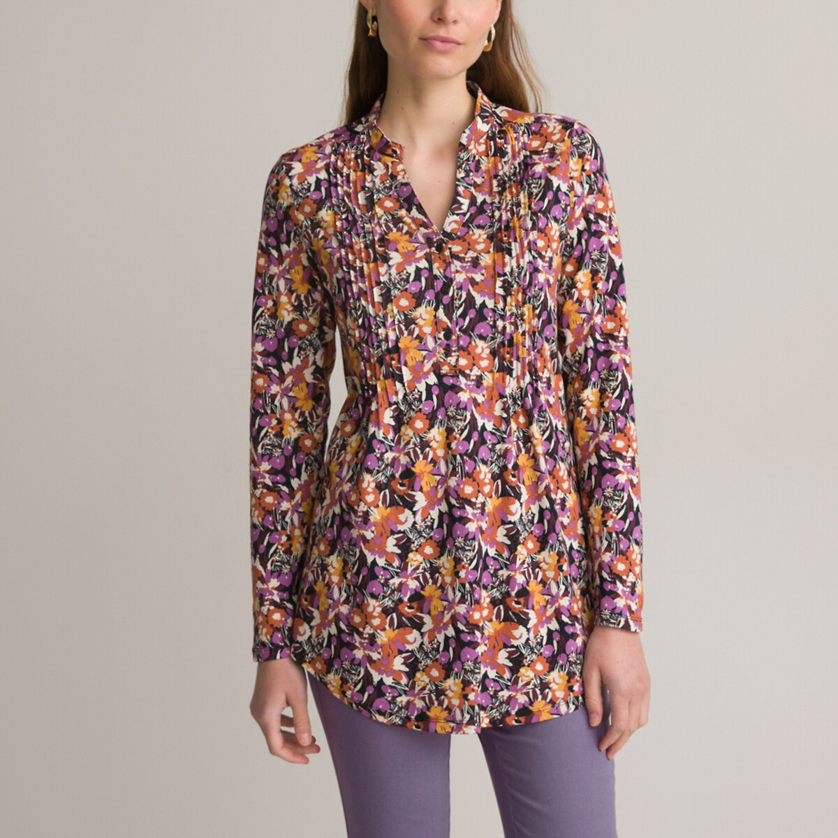Image of Printed Cotton Mix Tunic with Grandad Collar and Long Sleeves