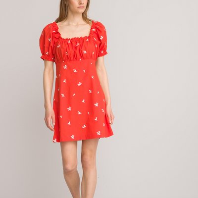Cotton Poplin Mini Dress with Embroidered Flowers and Puff Sleeves LA REDOUTE COLLECTIONS