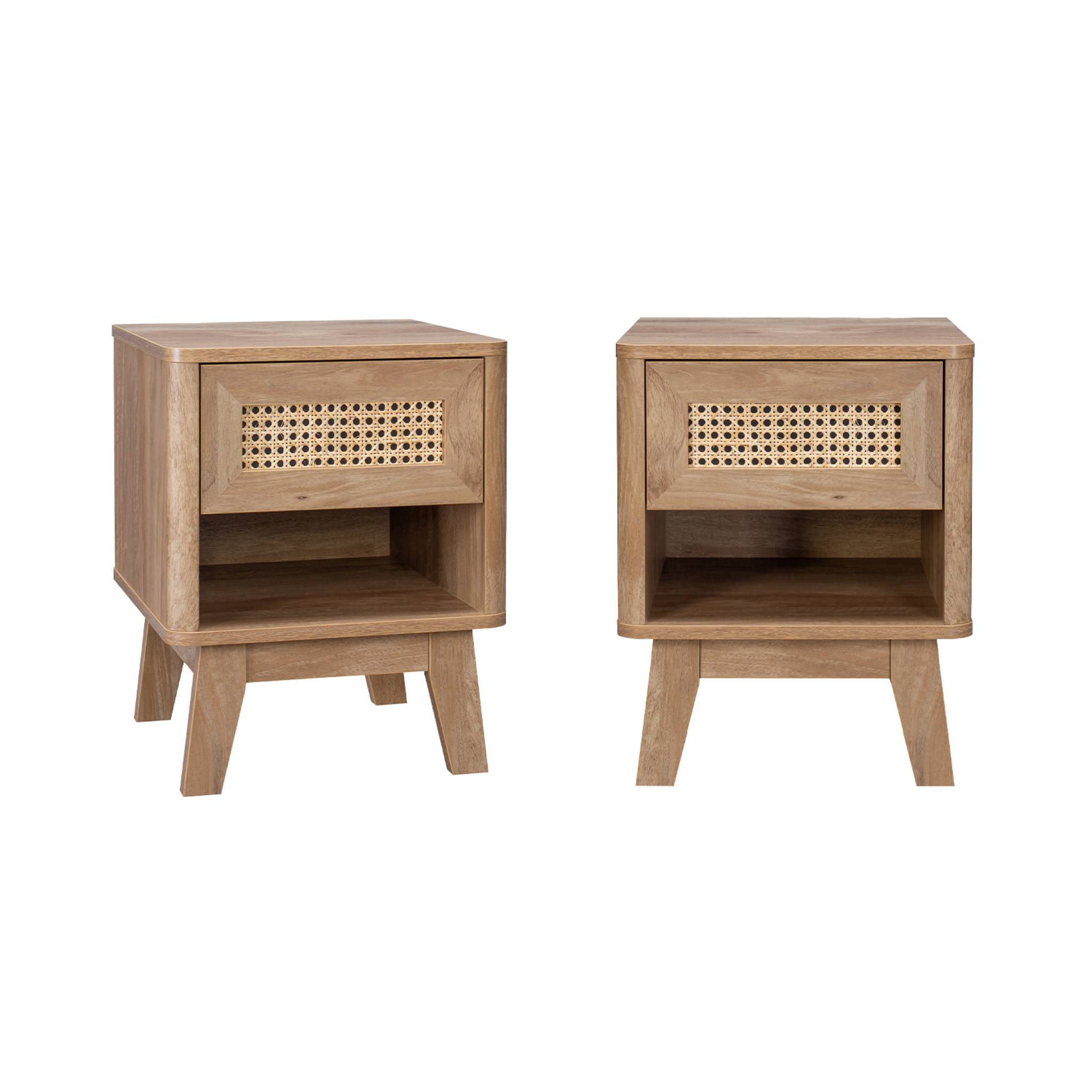 Table de chevet décor bois et cannage, piétement bois d'eucalyptus 1 tiroir (lot de 2) MANI, SWEEEK