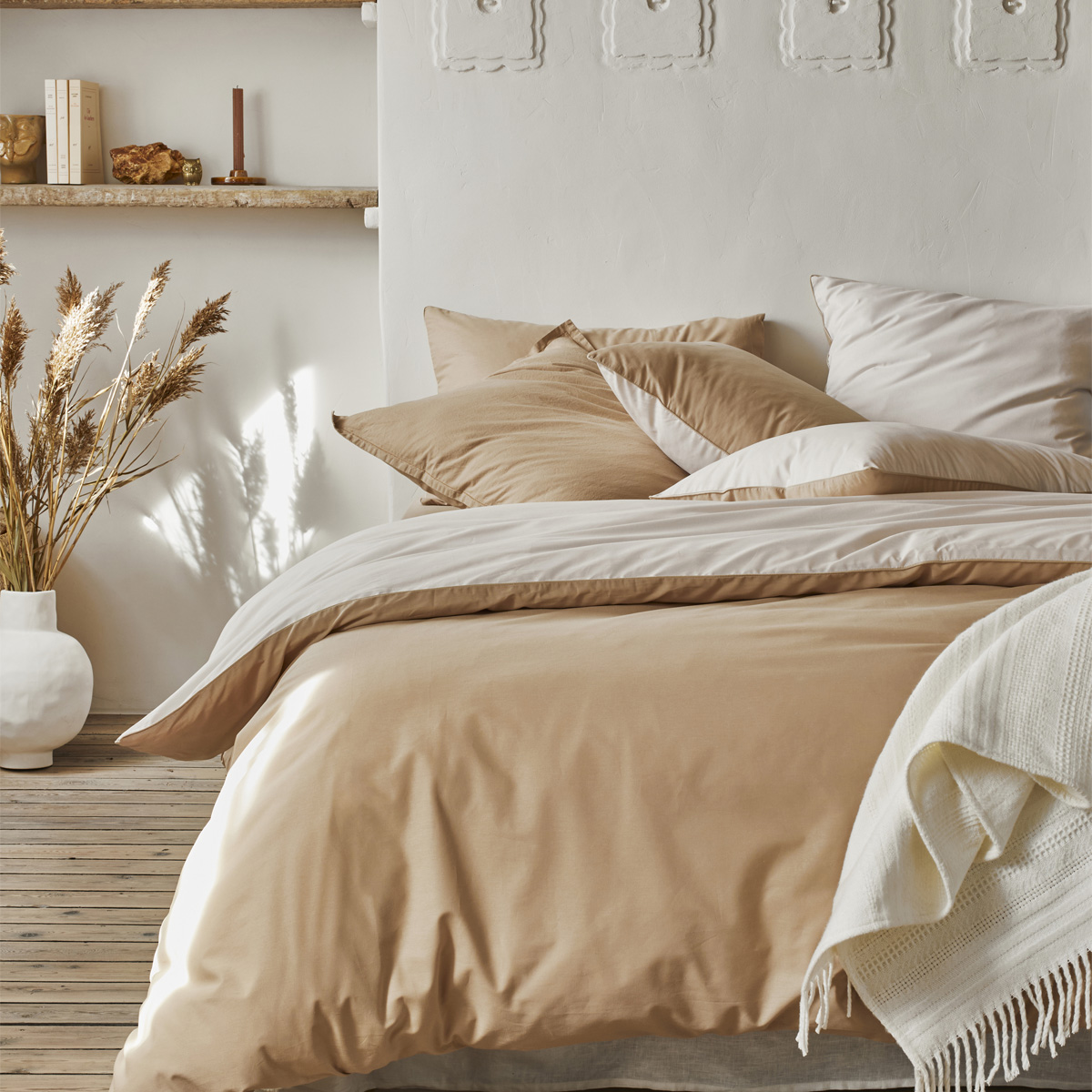 Parure de lit bicolore en coton, taies rectangles, BONS JOURS, ESSIX