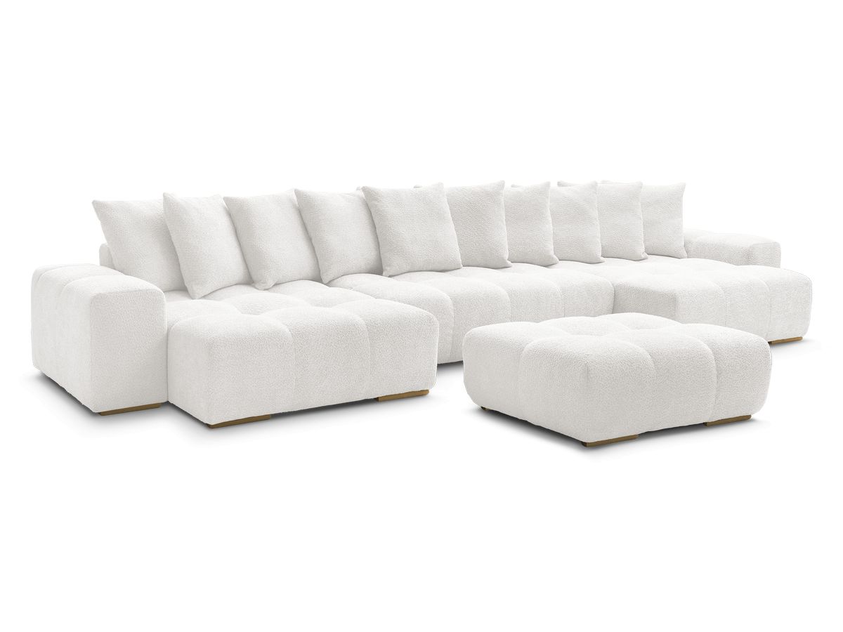 Canapé panoramique fixe 7 places en tissu bouclette avec pouf, ANAKIN, BOBOCHIC
