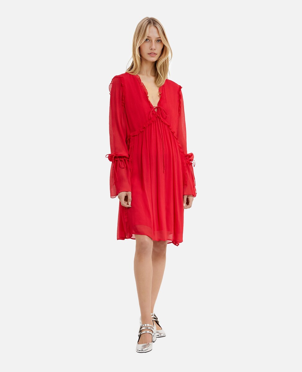 Mini V-Neck Flared Dress with Ruffles and Long Sleeves, THE KOOPLES