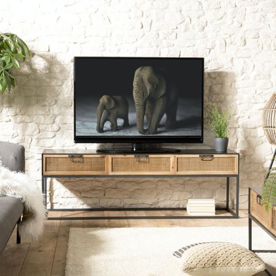 Meuble TV 150cm en métal et tiroirs en cannage rotin style classique chic BILBAO PIER IMPORT