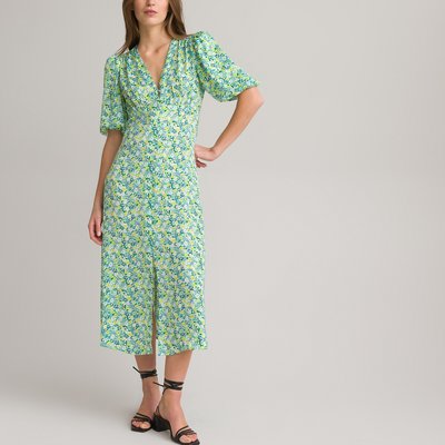 Recycled Floral Midaxi Dress with Short Puff Sleeves and V-Neck LA REDOUTE COLLECTIONS