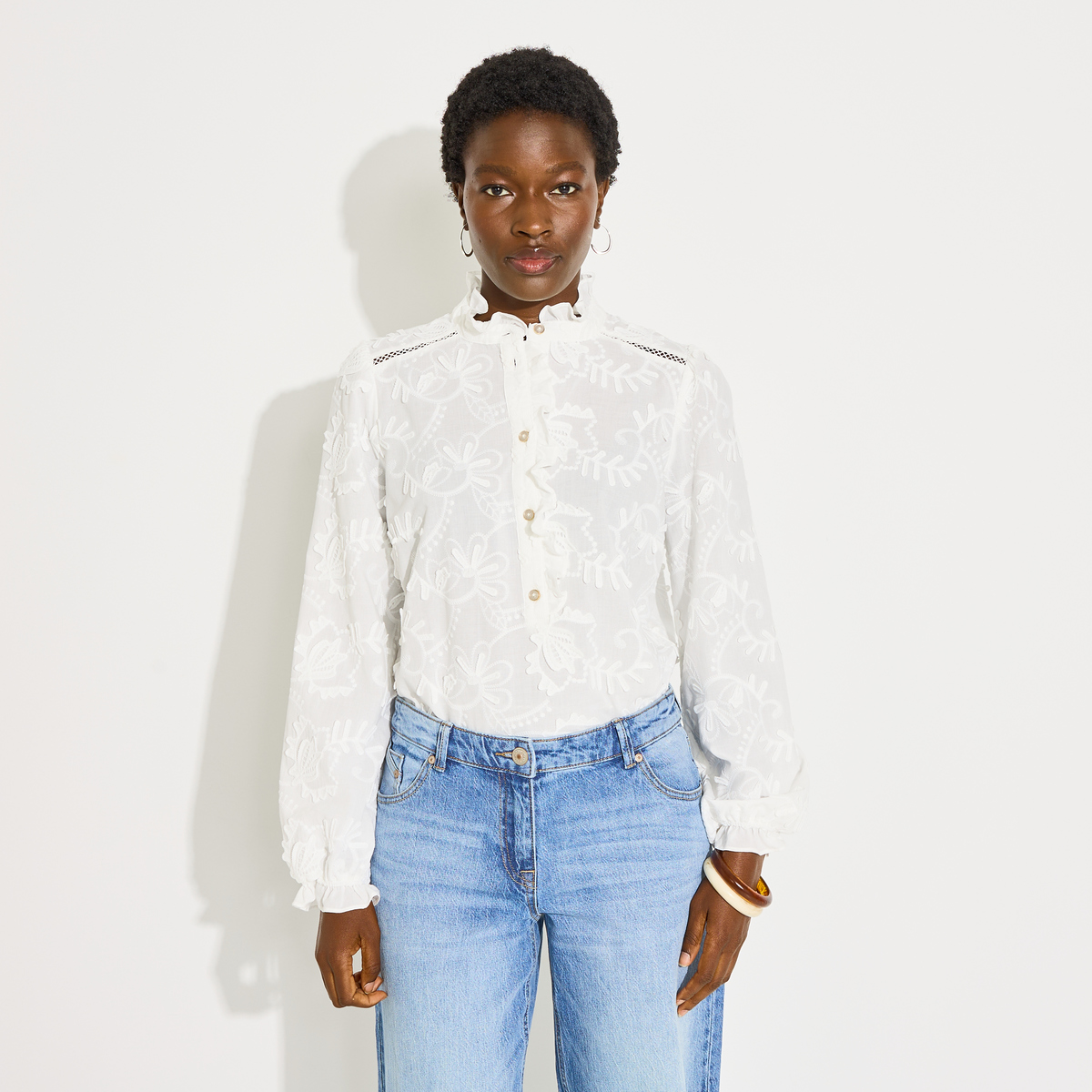 Blouse broderie anglaise col haut, GRAIN DE MALICE