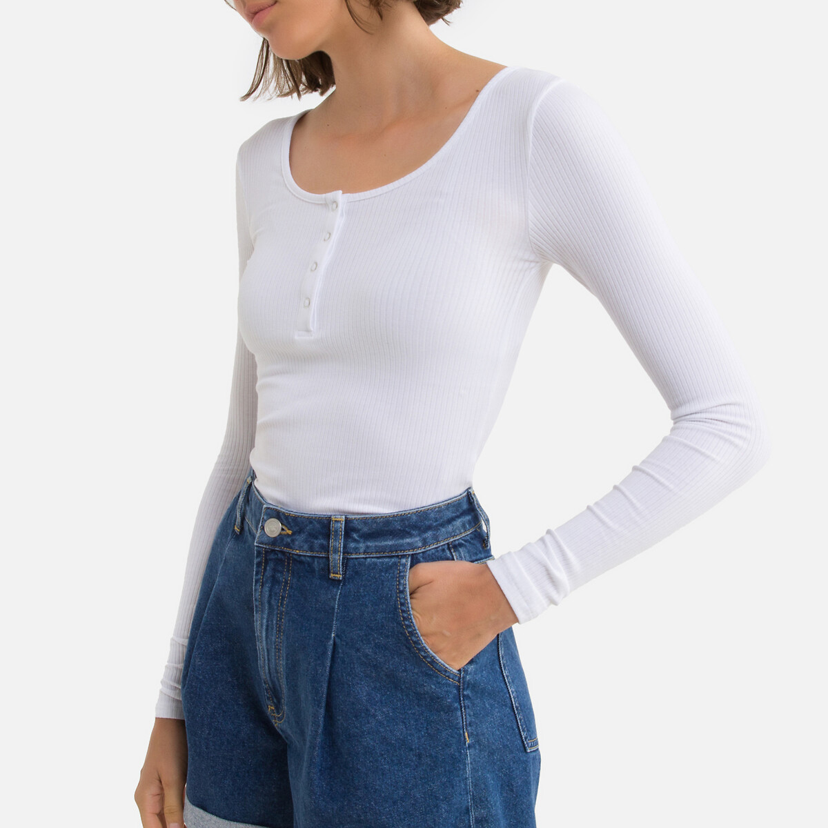 Ribbed Organic Cotton T-Shirt with Long Sleeves