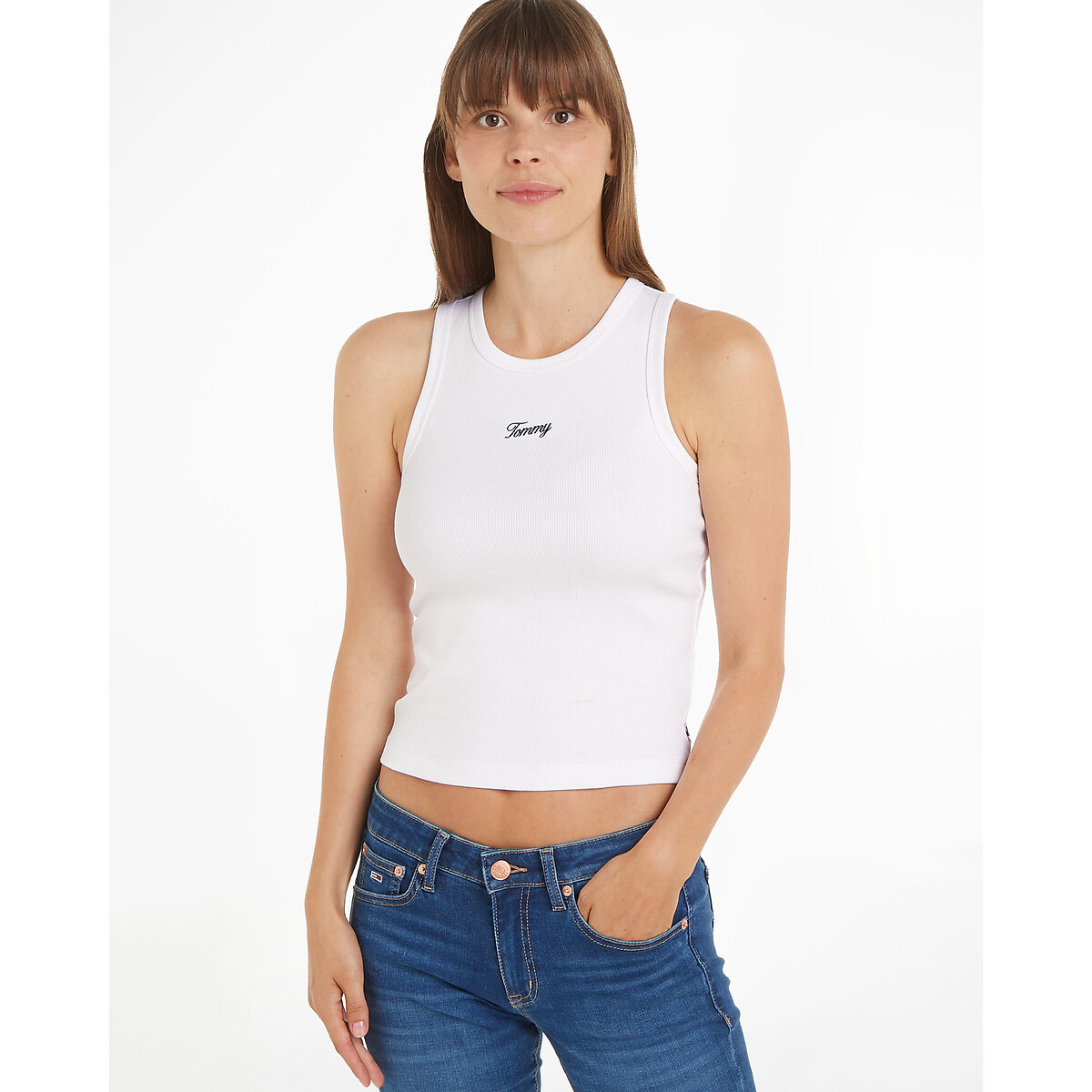 Image of Cotton Cropped Vest Top with Embroidered Logo