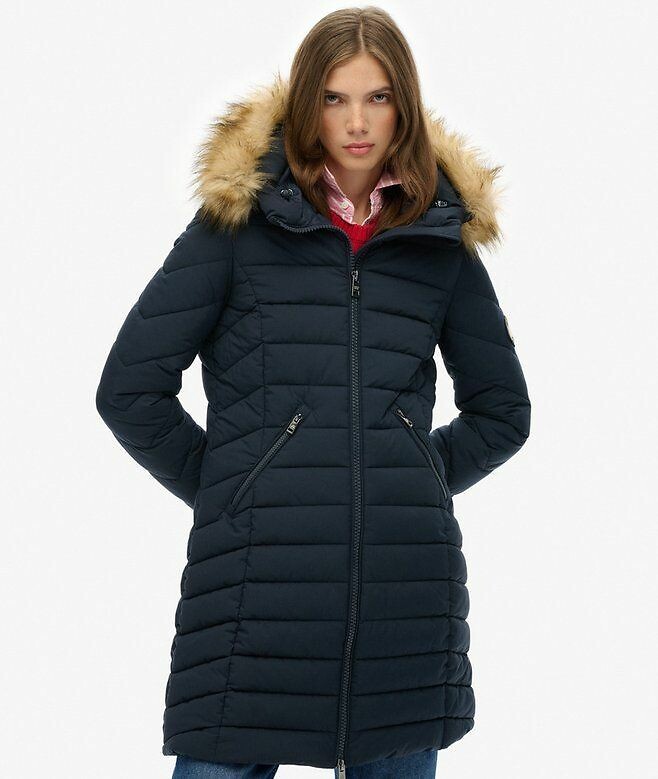 Mid-Length Padded Jacket with Faux Fur Hood, SUPERDRY