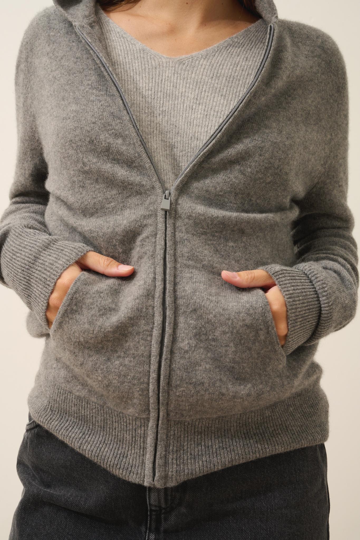 Gilet Zippé Capuche Flanelle Chiné Debbie, JUST CASHMERE