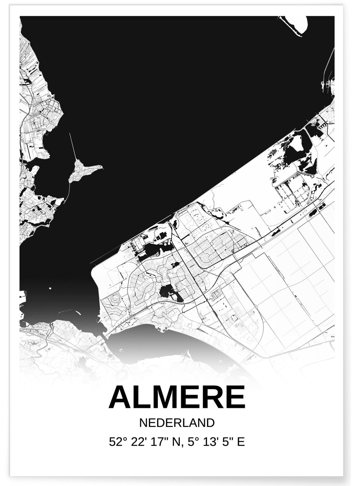 Affiche carte Almere - rectangle Noir et Blanc, L'AFFICHERIE