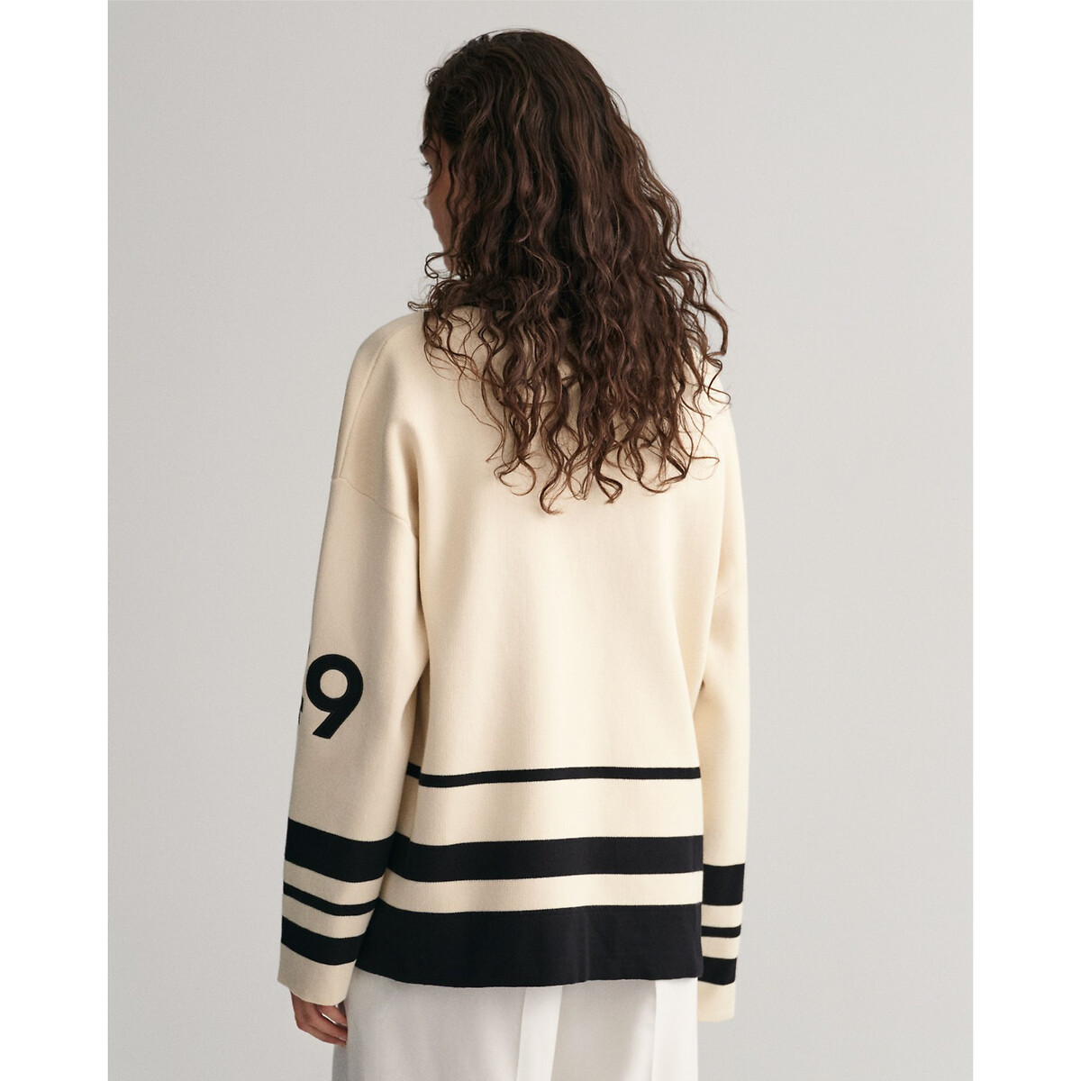 Cotton oversized varsity cardigan with v-neck and button fastening,  ivory/black, Gant | La Redoute