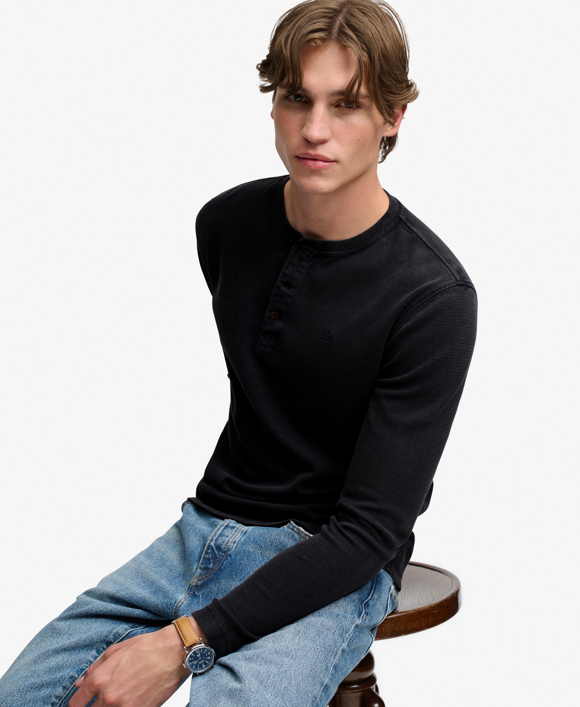 Haut Henley à Manches Longues en Maille Gaufrée, SUPERDRY