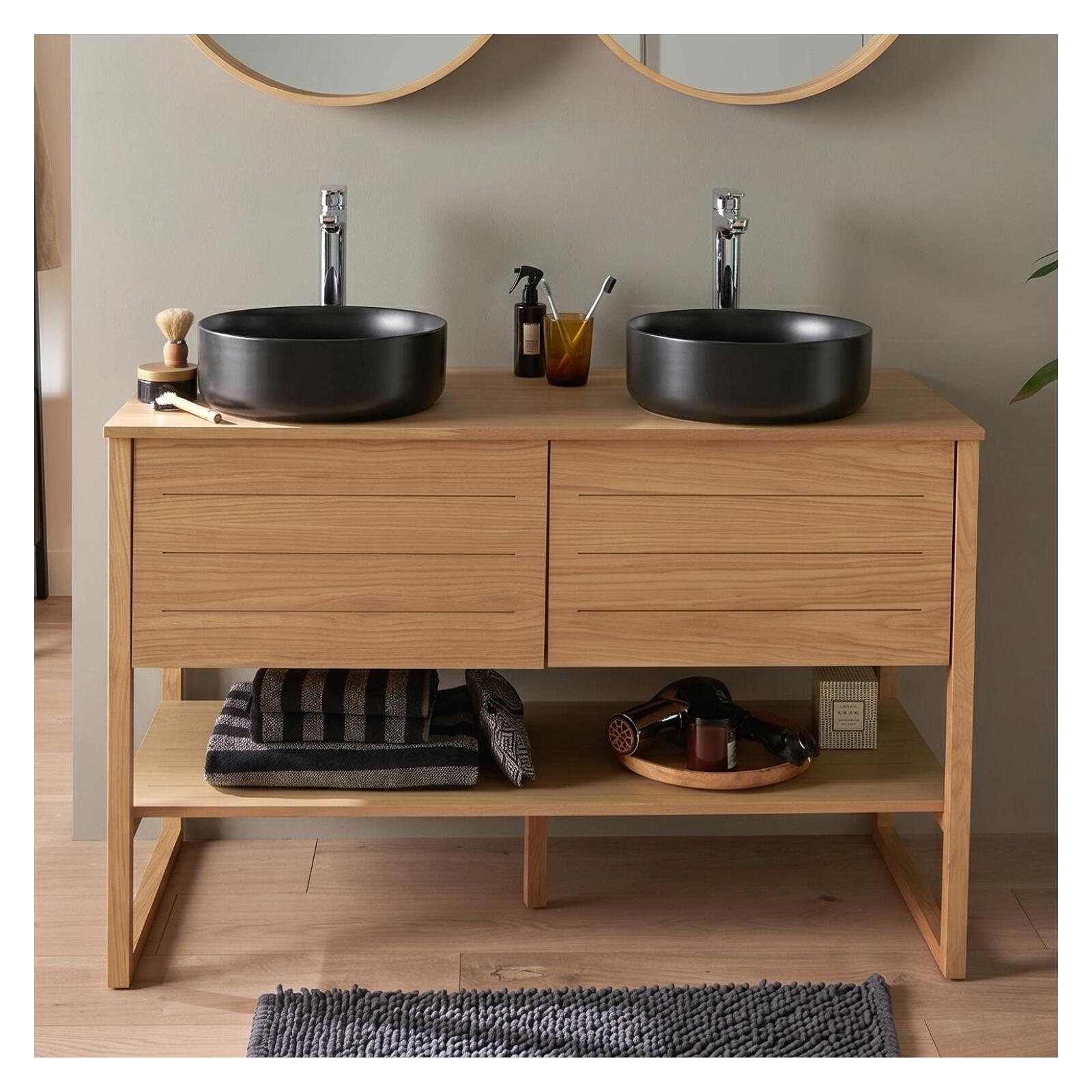 Meuble double vasque 120cm chêne avec vasques rondes noires ATOLL, MOB IN