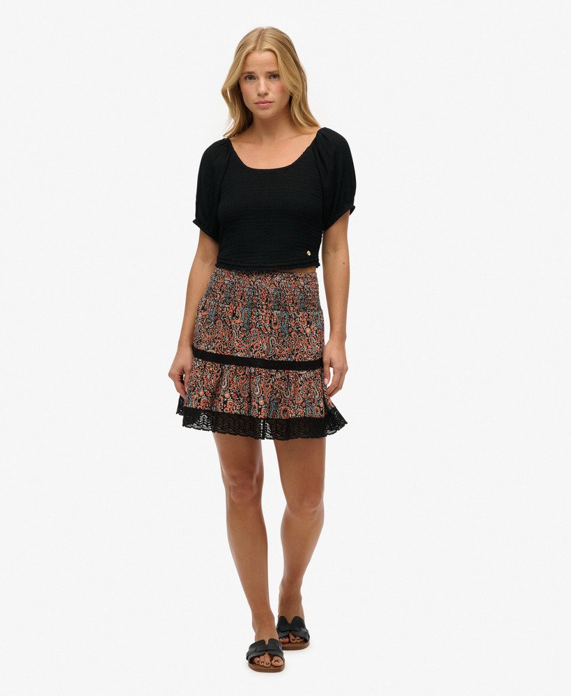 Mini-jupe imprimée à liseré en dentelle, SUPERDRY